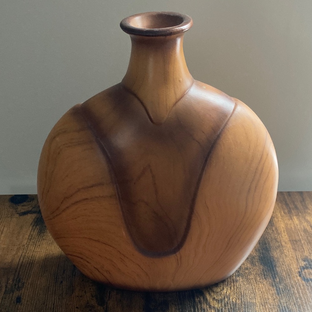 Vintage Unique Mid Century Design Ceramic Faux Wood Flat Vase